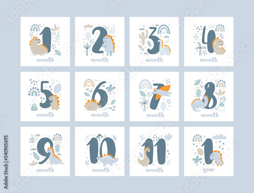 Set of baby milestone cards for newborn boy from one month to one year. Baby shower print with cute animal dino and flowers capturing all special moments