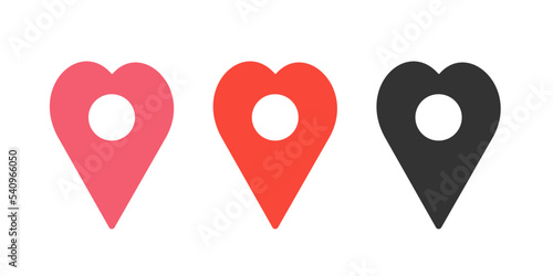 Vector Map heart pin location pointers, black red symbols set