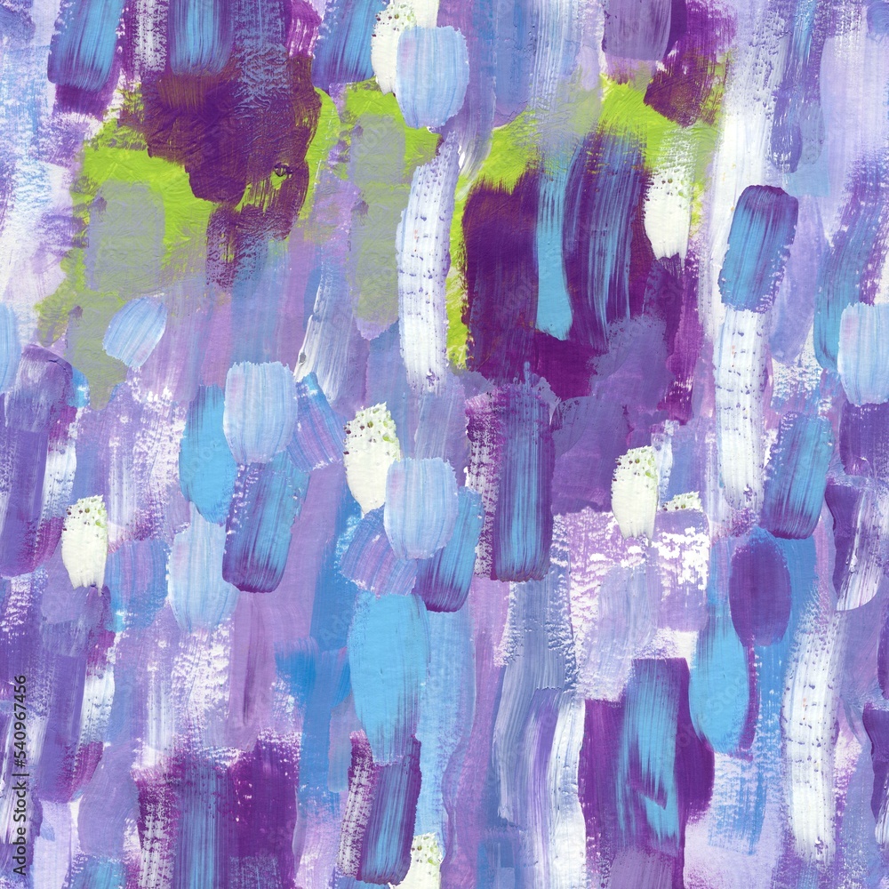 Seamless background with textured paint strokes. Abstract work. Acrylic paint stains. Background with purple, white, blue expressive hand-drawn strokes.