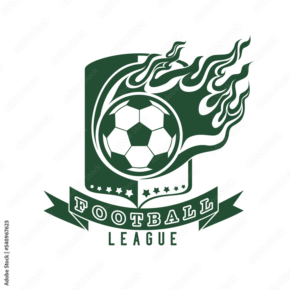 Obraz premium Football emblem with ball on fire and shield, isolated monochrome picture. Vector illustration