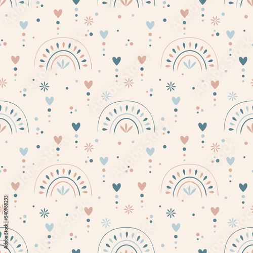 Light beige summer boho seamless pattern with rainbows and hearts. Vector background in modern bohemian style perfect for scrapbooking, textile, wrapping paper and stationery for kids and adults