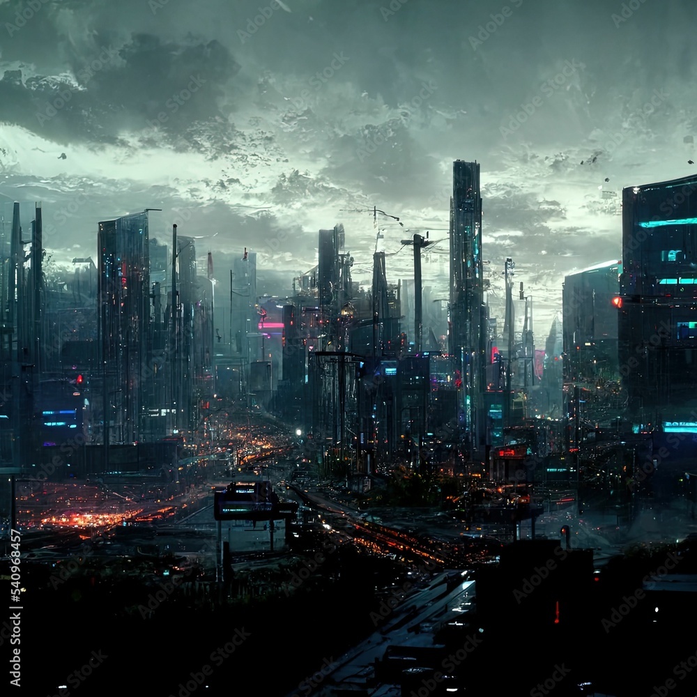 AI generated digital art of a post-apocalyptic futuristic city with ...