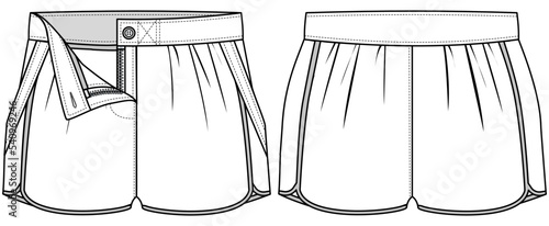 women shorts front and back view technical drawing template. casual short pant flat sketch vector illustration. cad mockup.