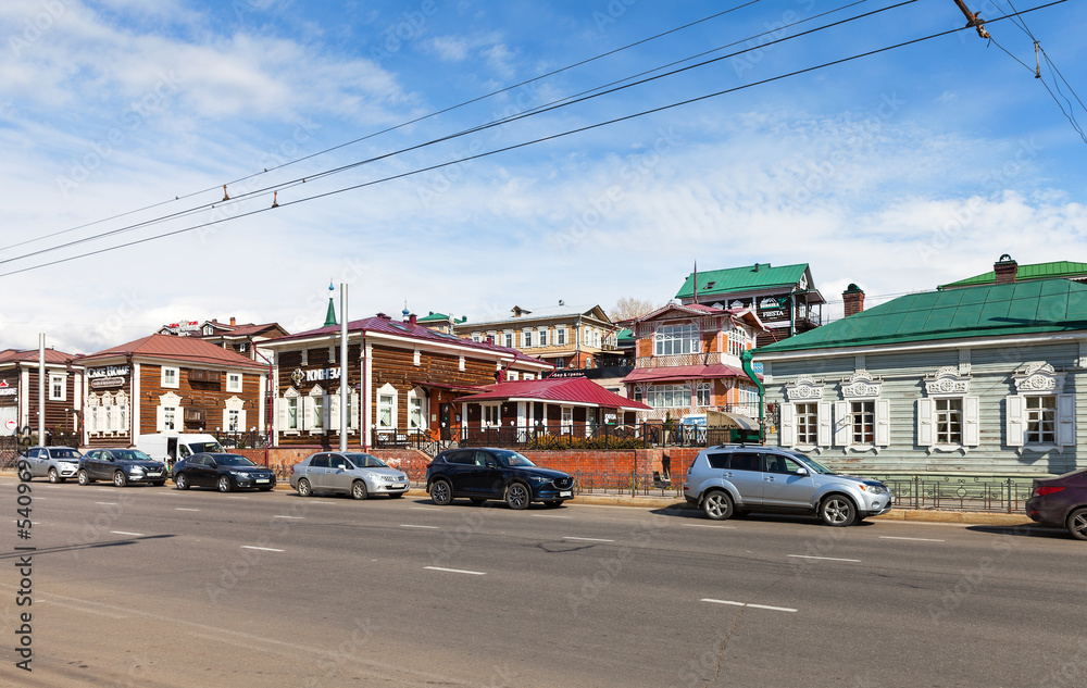  View of the historical 130 quarter or Irkutsk Sloboda with old wooden buildings, museums, cafes and shops - a place of recreation and leisure for citizens and tourists