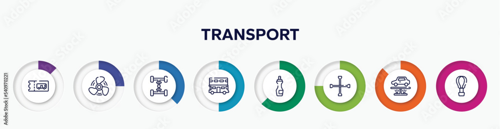 infographic element with transport outline icons. included bus ticket, ship propeller, 4wd, double decker, insect repellent, cross wrench, undercarriage, hot air vector. infographic element with transport outline icons. included bus ticket, ship propeller, 4wd, double decker, insect repellent, cross wrench, undercarriage, hot air vector.