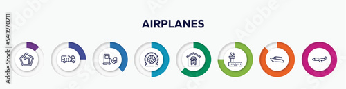 infographic element with airplanes outline icons. included left turn, touristic, refilling, flat tire, bus depot, air traffic controller, speed boat, airplane of paper sheet vector.