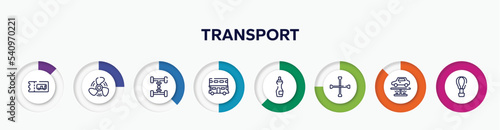 infographic element with transport outline icons. included bus ticket, ship propeller, 4wd, double decker, insect repellent, cross wrench, undercarriage, hot air vector.