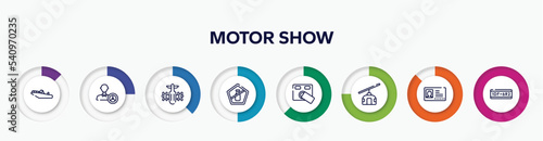 infographic element with motor show outline icons. included motorboat, instructor, army helicopter bottom view, no liquid, access control, null, driving pass, license plate vector.