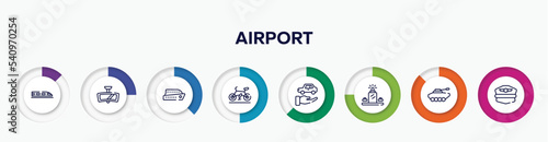 infographic element with airport outline icons. included hyperloop, rear-view mirror, ferry boat, road bike, rental car, luggage scan, armored vehicle, pilot hat vector.