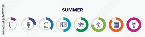 infographic element with summer outline icons. included fish and hook, disc golf, sleeveless, travel guide, island with palm trees, sea turtle, air mattress, wetsuit vector.