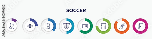 infographic element with soccer outline icons. included steroids, electric unicycle, sport wear, abs, football goal, horizontal bar, paralympics, head hitting vector.