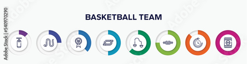 infographic element with basketball team outline icons. included boxing bag, earthworm, down indicator, race track, resistance band, swiss bar, routine, blue card vector.