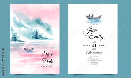 Romantic beach and fisherman watercolor background on wedding invitation