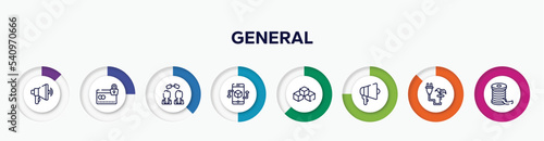 infographic element with general outline icons. included advertising agency, credit limit, affiliate link, ar app, ar platform, agitation, biomass energy, filament vector.