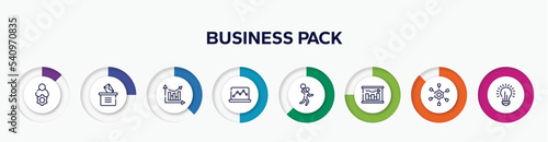infographic element with business pack outline icons. included administrator, manual voting, analytic chart, graph notebook, handball, graphical report, project scheme, lightbulb vector.