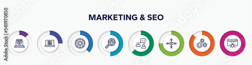 infographic element with marketing & seo outline icons. included digital finance, online voting, function, headhunting, buzz, differentiation, wheel with cogs, web crawler vector.