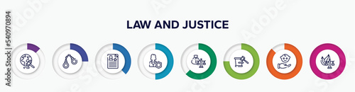 infographic element with law and justice outline icons. included diploy, criminal law, criminal record, custody, inheritance law, court trial, child custody, environmental vector.