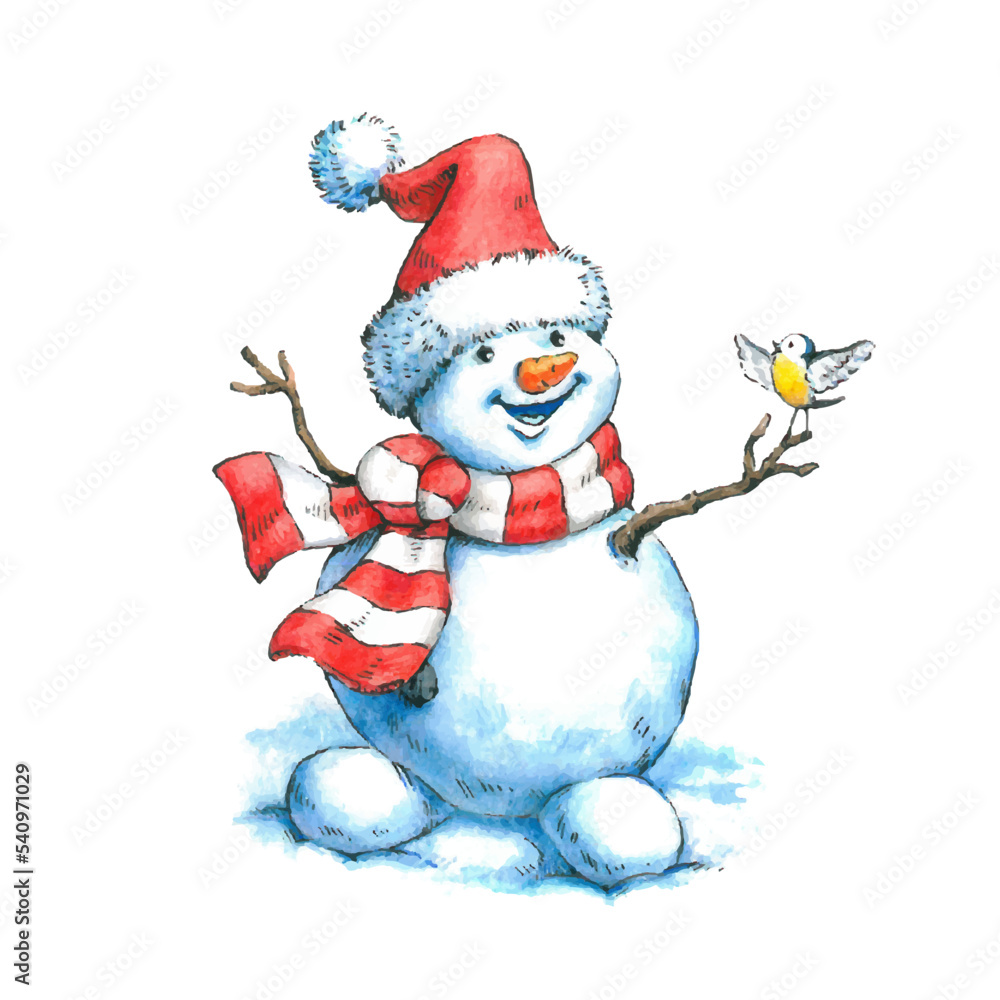 Watercolor illustration of a snowman on a white background. Watercolor illustration of a snowman on a white background.