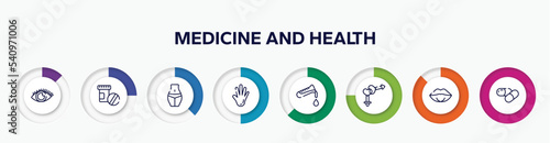 infographic element with medicine and health outline icons. included eye with enlarged pupil, phareutical drugs, female hips and waist, hand showing palm, test tube, flask and drop of blood, male