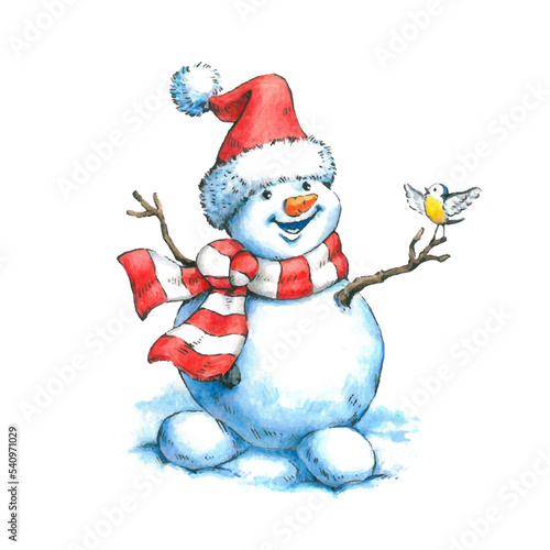 Watercolor illustration of a snowman on a white background.
