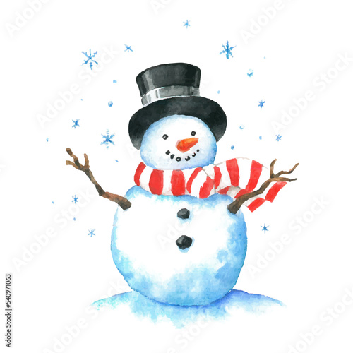 Watercolor illustration of a snowman on a white background.
