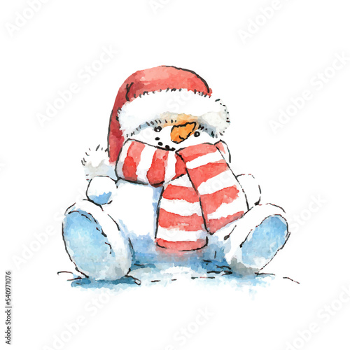 Watercolor illustration of a snowman on a white background.