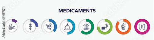 infographic element with medicaments outline icons. included calcium  lupin  blood pressure meter  cupping  blood bank  tensiometer  pediatrics  suppositories vector.