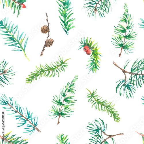 Seamless pattern with Christmas symbol - Holly leaves, Christmas tree with cones on white background.