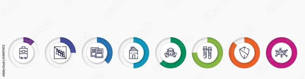 infographic element with outline icons. included suitcase, no group, news, stayhome, respirator, blood sample, antivirus, infection vector. infographic element with outline icons. included suitcase, no group, news, stayhome, respirator, blood sample, antivirus, infection vector.