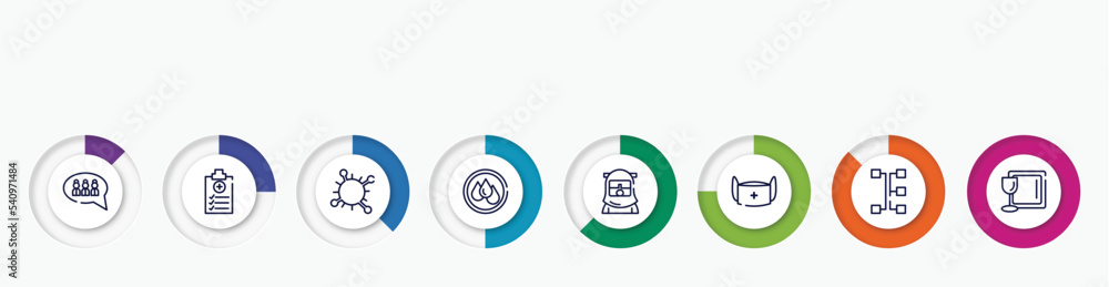 infographic element with outline icons. included group, medical report, coronavirus, wet, safety suit, medical mask, transmission, tableware vector. infographic element with outline icons. included group, medical report, coronavirus, wet, safety suit, medical mask, transmission, tableware vector.