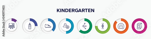 infographic element with kindergarten outline icons. included pitch, feeder, football boots, novice, molecules, genetic, newton, juice box vector.