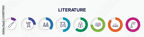 infographic element with literature outline icons. included baseball bat, highchair, bollards, golf cart, spartan, professor, tale, adjustable lamp vector.