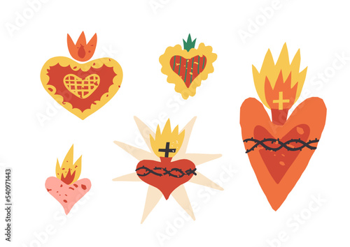 Vector Sacred heart clipart set. Flaming Heart with holy fire, encircled by the crown of thorns, surmounted by a cross