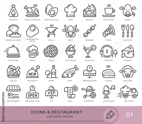 Set of conceptual icons. Vector icons in flat linear style for web sites, applications and other graphic resources. Set from the series - Reustarant. Editable stroke icon.