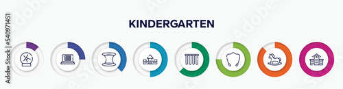 infographic element with kindergarten outline icons. included plasma ball, e-learning, wormhole, fort, tubes, jump rope, hobby horse, kindergarten vector.