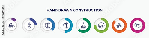 infographic element with hand drawn construction outline icons. included construction excavator, constructions, derrick facing right, construction crane hine, derrick with pallet, circular