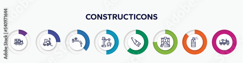infographic element with constructicons outline icons. included truck with load, null, stopcock, big derrick with boxes, band saw, derrick box, paint spray can, fuel truck vector.