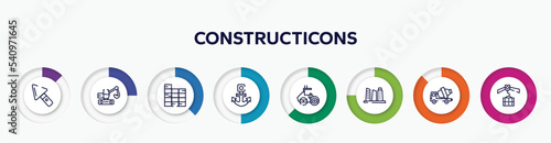 infographic element with constructicons outline icons. included construction palette, digger, constructing a brick wall, anchor navigational tool, roller hine of construction, building hand drawn