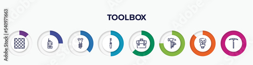 infographic element with toolbox outline icons. included tile, portable radio, garage screw, repair screwdriver, businessman portfolio, hammer and nail, ecologic light bulb, gardening digger vector.