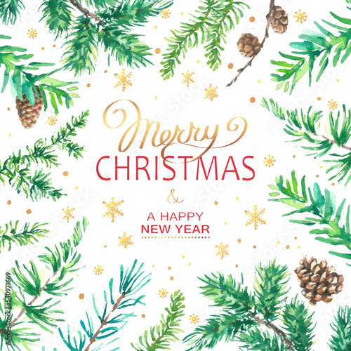 Christmas Poster - Illustration. Vector illustration of Christmas Background with golden branches of christmas tree