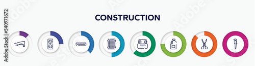 infographic element with construction outline icons. included fender, electric socket, school ruler, air filter, wrench and nut, gallon oil, shears, adjustable spanner vector.