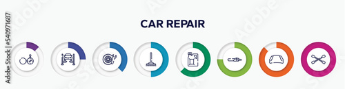 infographic element with car repair outline icons. included open compass, car lift, winter tires, gardening rake, gasoline, sharp chainsaw, hood, lug wrench vector.