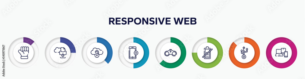 infographic element with responsive web outline icons. included clenched fist, archives files download, unlocked internet, add phone, binoculars tool, battery uncharged, usb, phone tablet and laptop infographic element with responsive web outline icons. included clenched fist, archives files download, unlocked internet, add phone, binoculars tool, battery uncharged, usb, phone tablet and laptop