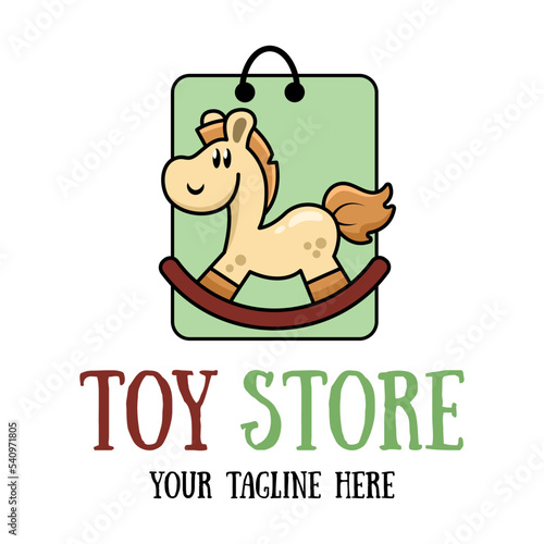 Cute funny wooden rocking horse toy mascot or logo. Toy store sign.