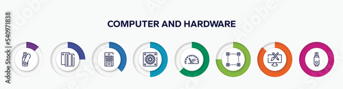 infographic element with computer and hardware outline icons. included flash card, case, system unit, computer fan, code rate, selection square, pencil and brush crossed, usb flash vector.