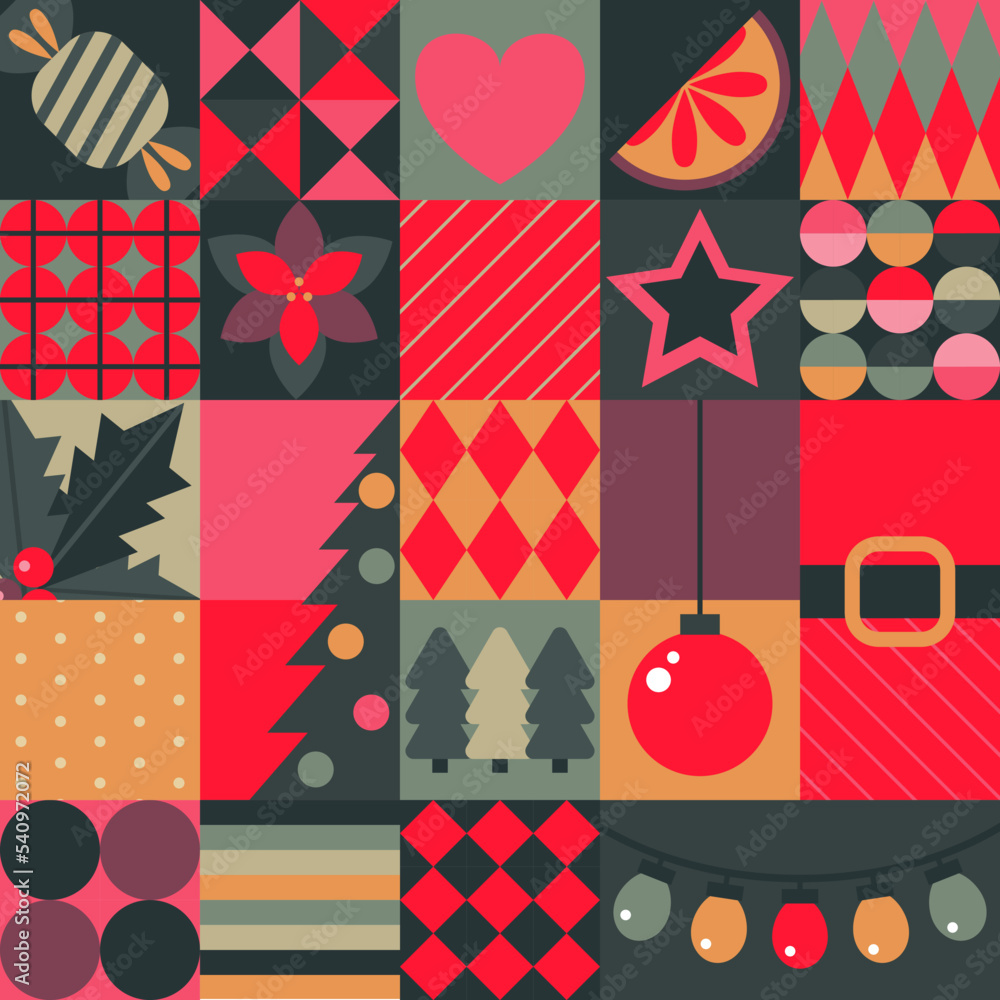 Obraz premium Vector Christmas seamless pattern assembled from squares with Christmas symbols and geometric ornaments. Vector holiday endless background of new year symbols