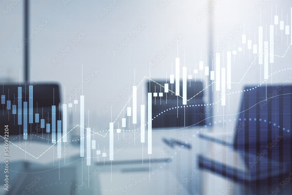 Abstract creative financial graph and modern desktop with computer on background, forex and investment concept. Multiexposure Abstract creative financial graph and modern desktop with computer on background, forex and investment concept. Multiexposure