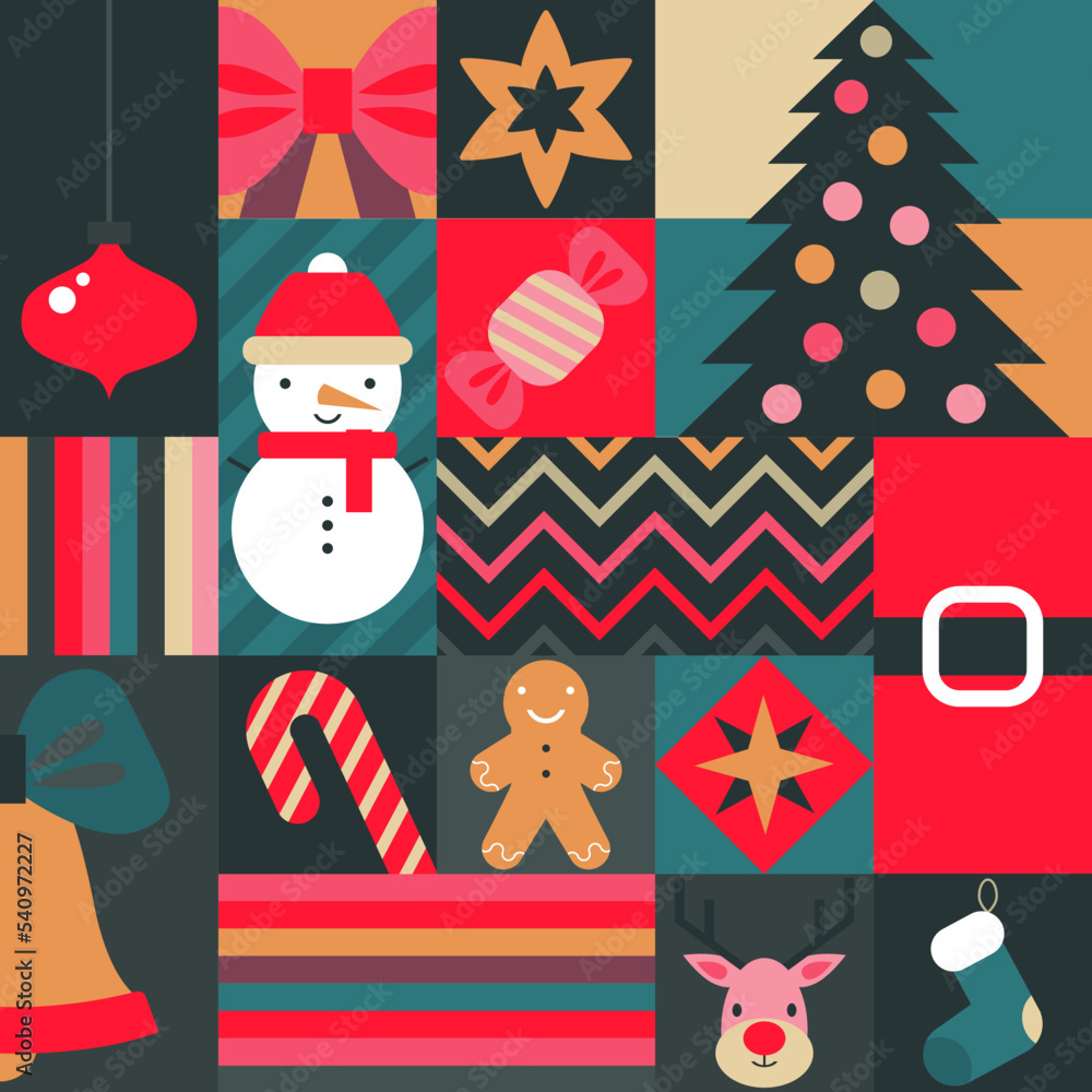 Vector Christmas seamless pattern assembled from squares with Christmas symbols and geometric ornaments. Vector holiday endless background of new year symbols