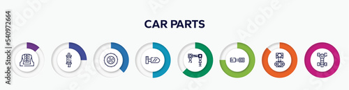 infographic element with car parts outline icons. included car cowl, car silencer, clutch, wing mirror, torsion bar, petrol cap, connecting rod, chassis vector.