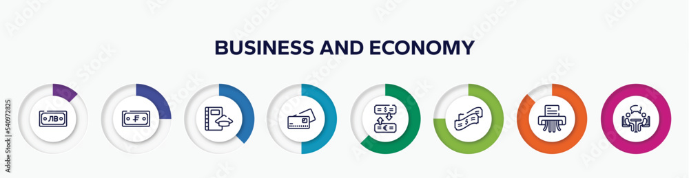 infographic element with business and economy outline icons. included security payment, launching, binary, white paper, locker, wrap, ingots, seo and web vector.